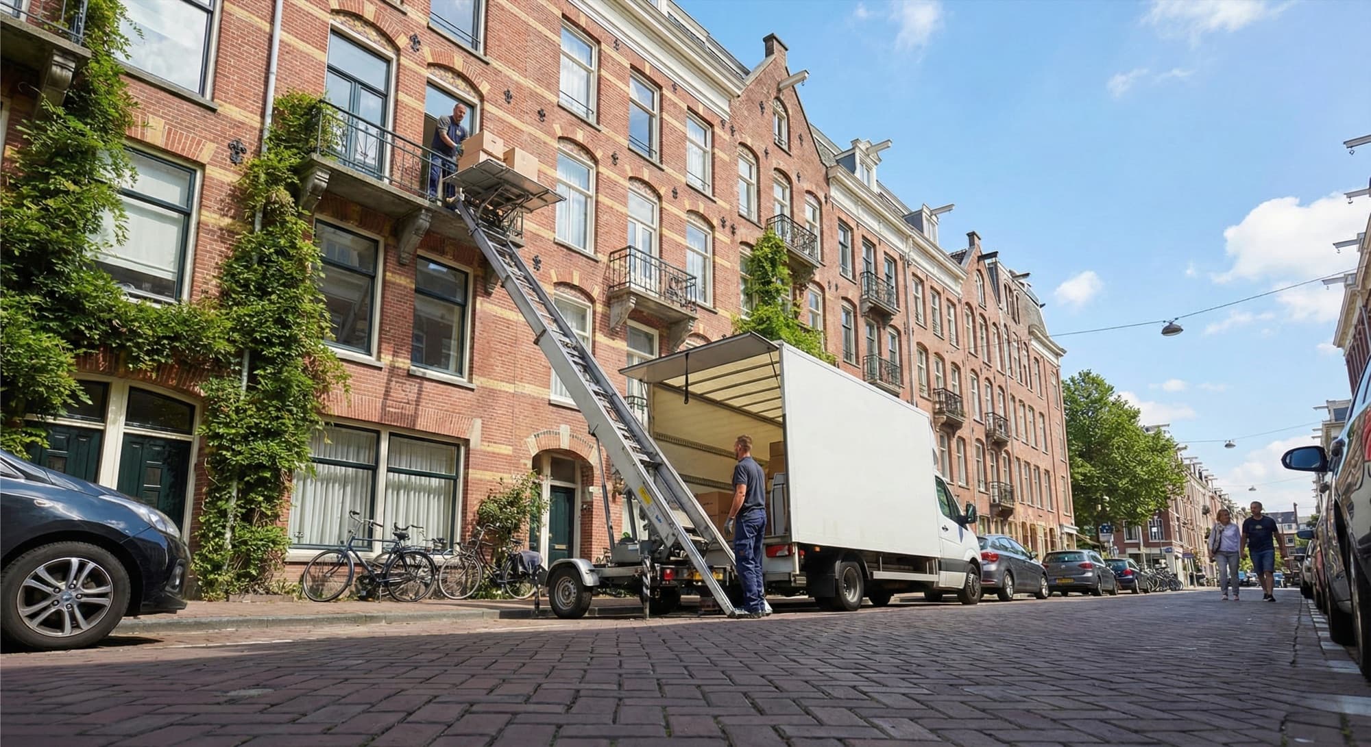 Verhuiswagen met verhuislift bij een Amsterdams grachtenpand